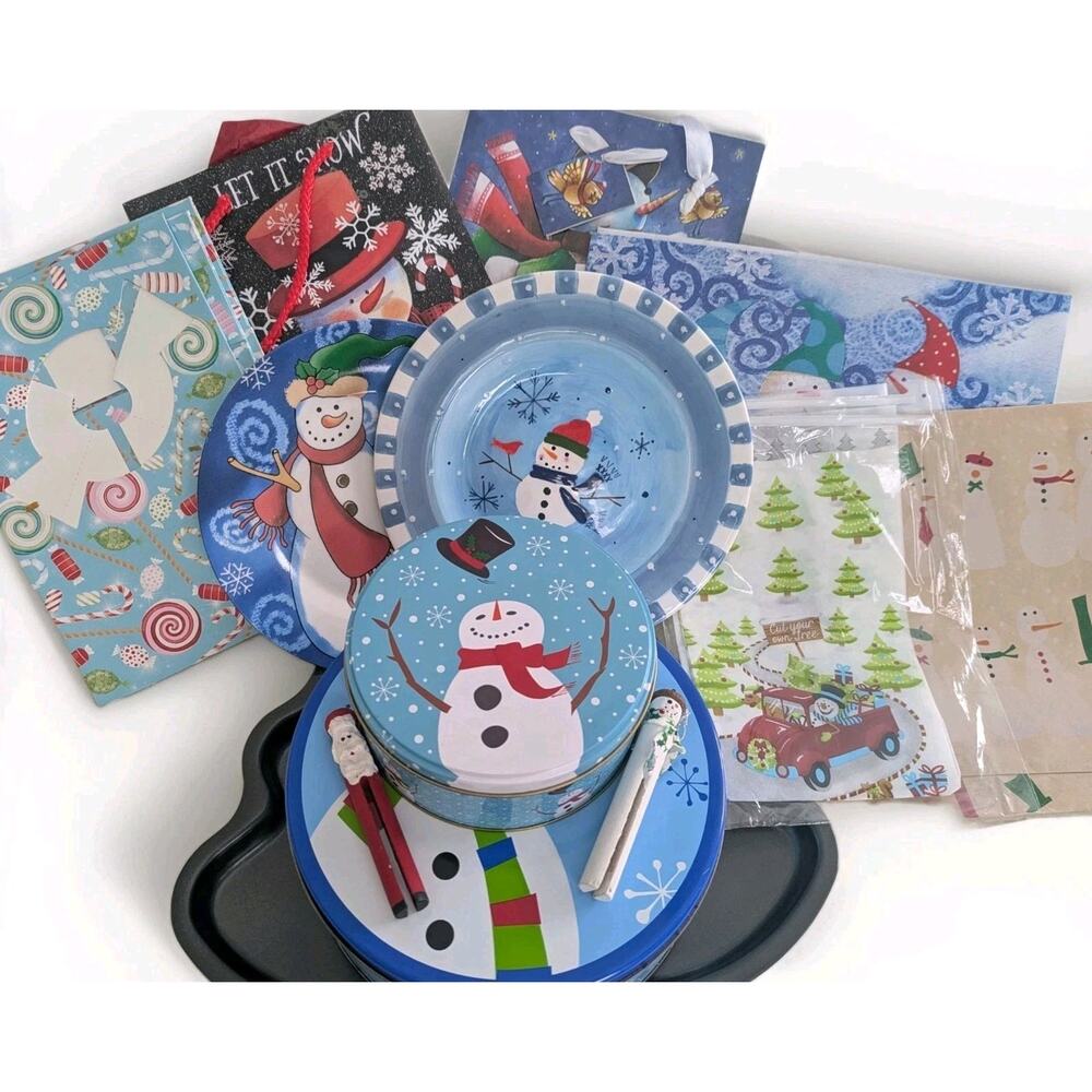 Snowman Cookie Bundle - Plates, Cookie Tray, Cookie Box, Present Box, Candy Bags